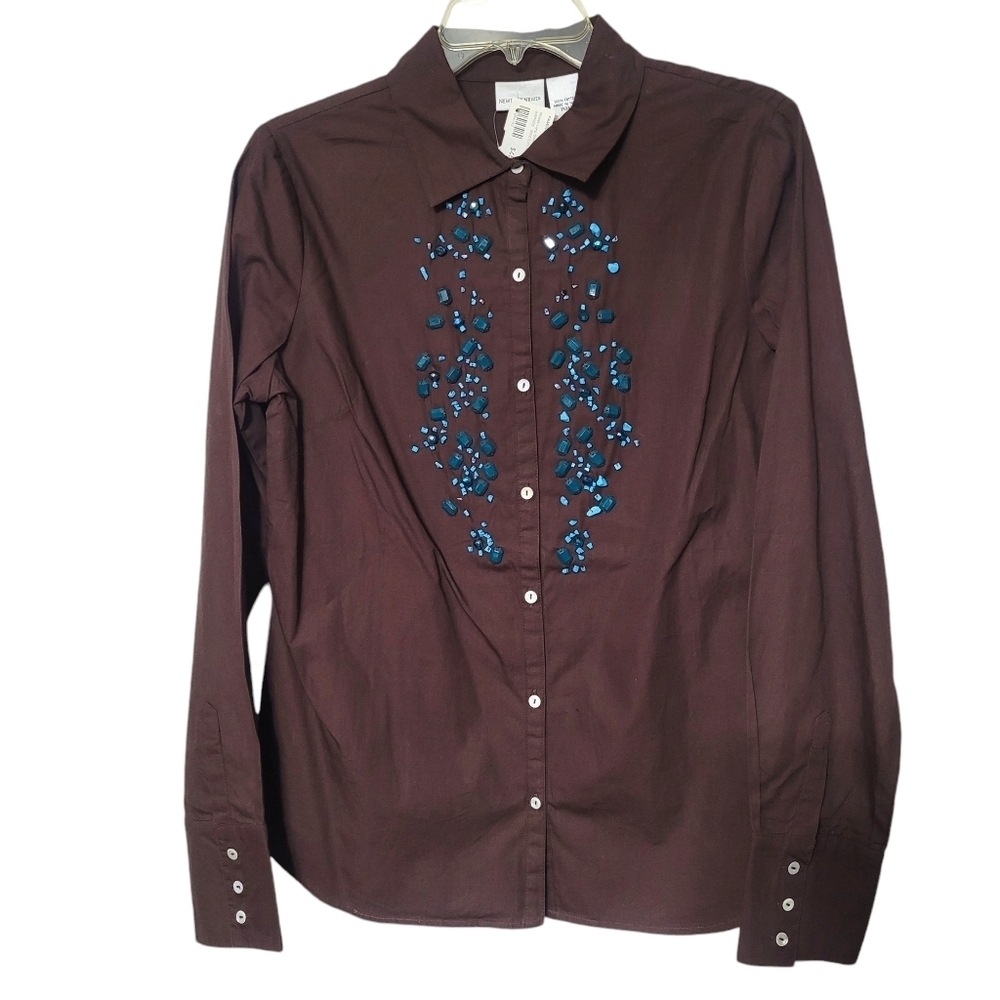 Newport News Brown Beaded Decorative Western Button Down Casual‎ Top Size 12